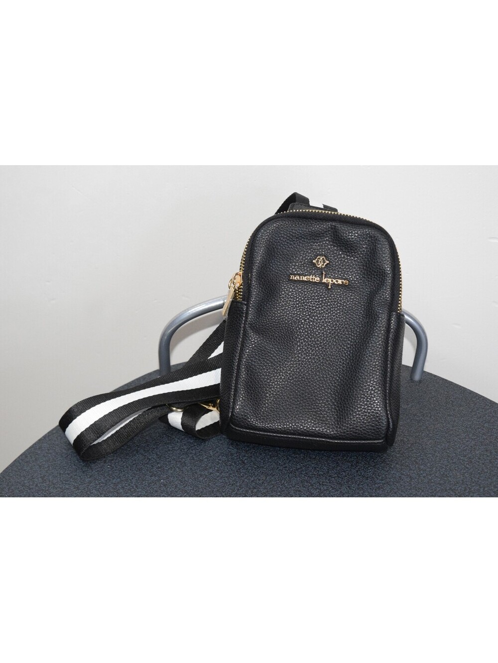 Nanette Lepore Black Pebbled Sling Crossbody Bag Striped Adjustable Strap